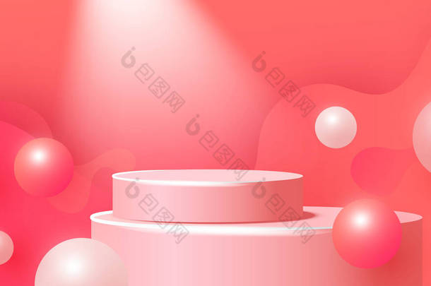 产品展示用的调校横幅。带有台阶和粉色背景空气中体积气泡的三维粉色讲台.