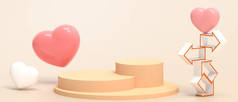 《爱与箭的概念与气球红心》中的最小的悲情舞台和情人节。展示黄色背景上的横幅- 3D渲染