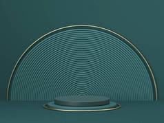 用于产品演示的模拟平台同心圆和圆筒3D在绿色背景下渲染说明