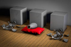 眼花缭乱地躺在一个红色枕头上，展示了竞争优势的企业理念。3D插图