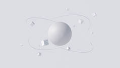 大的白色纹理球体和轨道立方体。摘要说明，3D渲染.