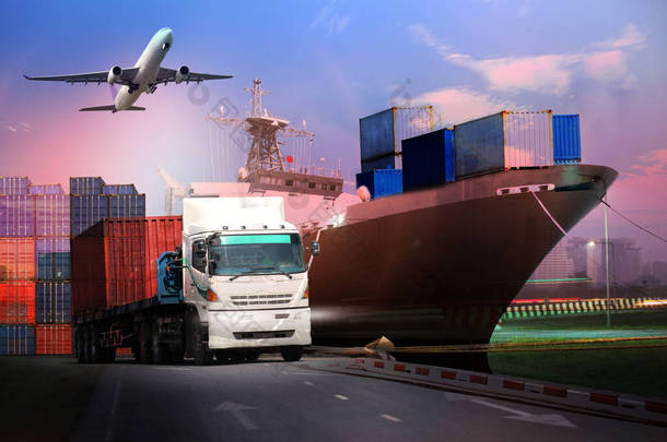 运输、<strong>进出口</strong>和物流概念、集装箱卡车、港口船舶和运输中的货运飞机以及<strong>进出口</strong>商业物流、航运业 