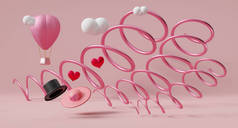 带心形的热气球和帽子，用于情人节的抽象背景，粉色彩绘，3D插图或3D渲染，复制空间