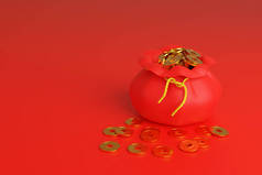 装满了中国金币,象征着繁荣,被红色背景隔开.3d说明.
