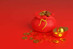 装满了中国金币,象征着繁荣,被红色背景隔开.3d说明.
