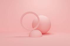 粉色抽象背景与球和戒指。产品促销的备份设计.3d渲染