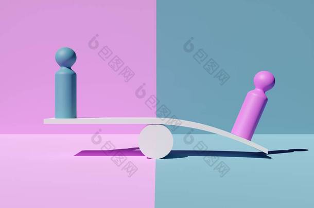 粉色和蓝色背景不平衡中的蓝色和粉色比例数字，男女不平等的抽象概念，3D插图