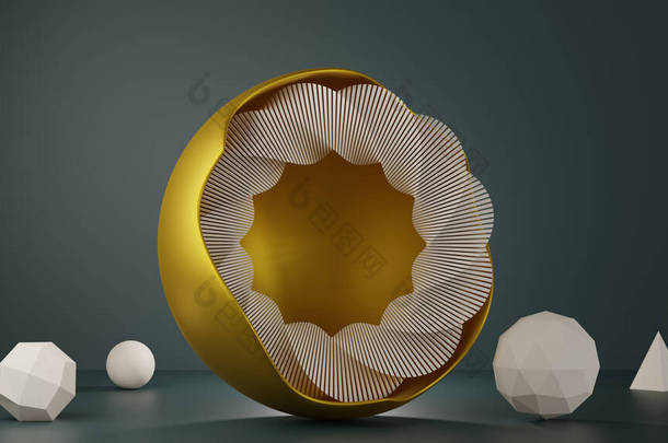 有金黄色圆形框架的<strong>几何形状</strong>。螺旋圈，金字塔，冰球，球体。以2021年流行色彩展示产品设计的现代背景.3D渲染说明