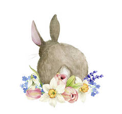 可爱的复活节兔子，春花花束，水彩画手绘
