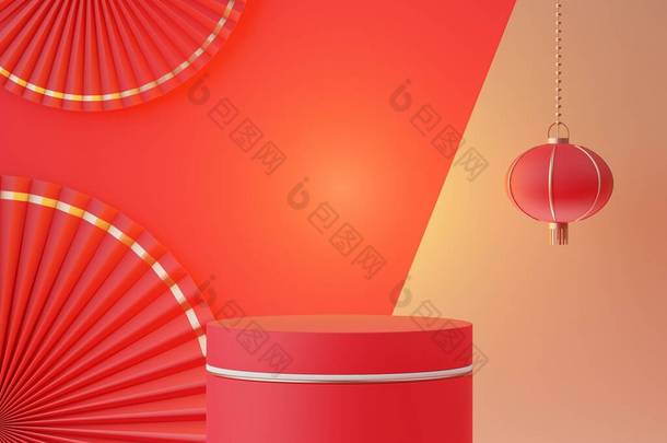 带有中国农历新年主题的空白讲台最小场景的3D渲染。模拟产品演示的展示台.简约设计的中国传统质感圆柱体阶段.
