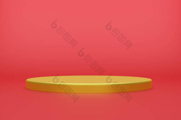 金几何球面背景简朴讲台原型托盘显示和商业产品概念场景红色背景3D渲染.