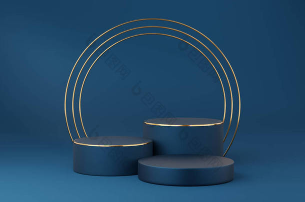空的蓝色圆柱形讲台，金色边框，蓝色底座上有3个金圆。摘要最小工作室3D几何<strong>形状</strong>对象.展示产品设计的模拟空间.3d渲染.