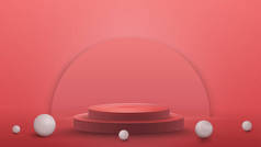 空荡荡的讲台上，现实的白色球在地板上，现实的例证。3D渲染与粉红抽象场景的说明