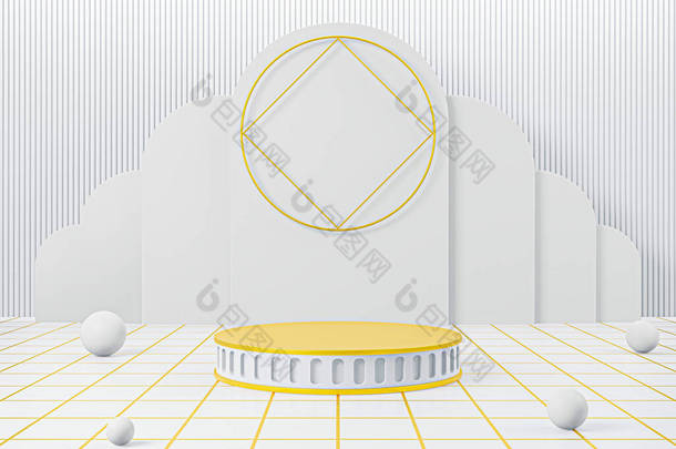 白色讲台上的白色背景最低，<strong>化妆品</strong>香水自然产品的展示，简单干净的设计，<strong>奢华</strong>简约的造型- 3D渲染