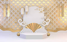 六角形白色讲台展示化妆品几何日本风格。 3D渲染