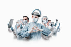 医务工作者英雄。一个戴着面具，身穿制服，站在前边的护士，双手合为心形。去找很多医学专业人员.
