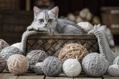 一只带条纹的小猫咪，在一个装有纱线球的旧篮子里