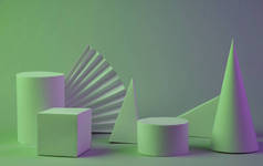 绿色紫色梯度霓虹灯中的几何形状。创意展示。超现实主义。概念艺术,复古未来主义,简约主义
