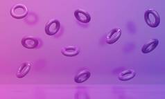 明亮的粉色和淡紫色的抽象背景与飞行的戒指。产品促销的备份设计.3d渲染
