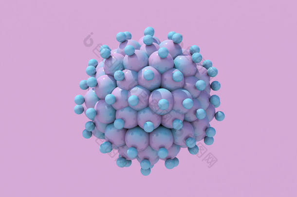 蓝色和<strong>粉色</strong>光滑的抽象球体。<strong>粉色</strong>背景。3D渲染.