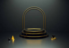 3D rendering of a luxurious black and gold podium for a product display. Realistic pedestal, empty p