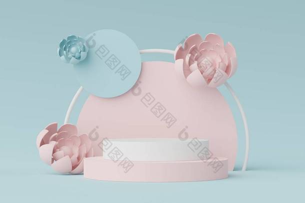 3D渲染抽象最小的展台，用于展示产品，化妆品展示和模拟粉红色和蓝色花。带粉刷土色的展示场景.