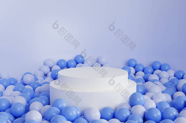 白色圆柱形讲台或产品底座或广告在<strong>淡</strong>蓝色背景与球，最低3D插图渲染