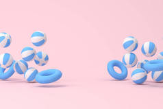 粉色背景橡胶球充气环的最小场景，夏季概念，3D渲染.
