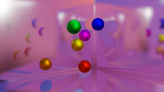 五彩斑斓的三维球体正在室内飞行。3D渲染说明