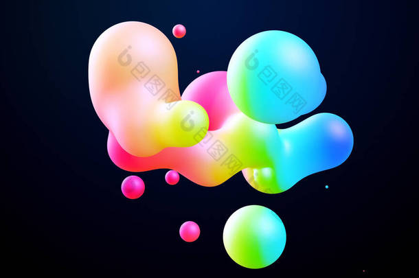 3D渲染。球体或球体像液蜡滴或空气中的球一样合并在一起。色彩艳丽的水滴上的彩虹液体梯度，色彩艳丽，内部散射光.