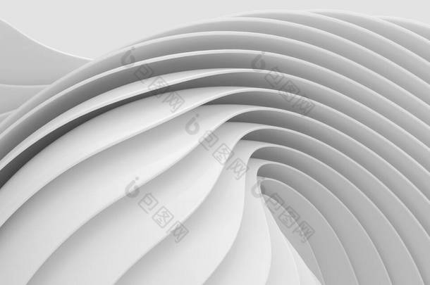 白色曲线与抽象几何，3D渲染。计算机数字绘图.