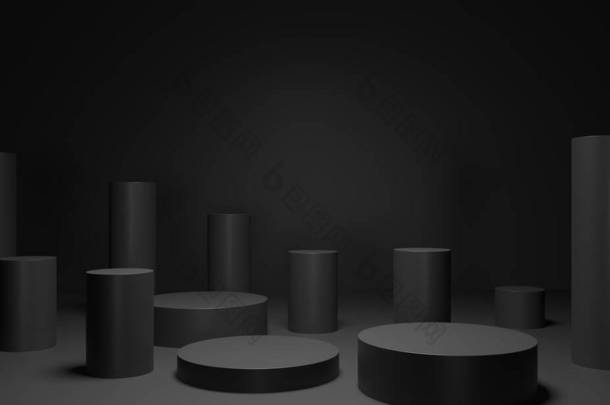 圆形底座,实心黑色圆筒-3d渲染插图.<strong>创意广告</strong>的雕塑构图。空荡荡的讲台,产品推广的基础.奢华的黑色背景