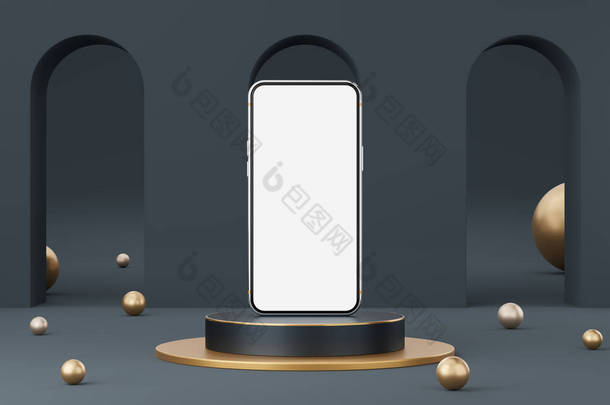 黑色圆柱形讲台上的银手机，金色边框，三个拱形灰色背景上的球。最小的工作室。远足者为现代人模拟空间.带有空白白屏的智能手机。3D渲染.