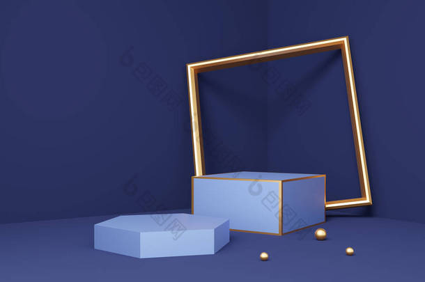 空蓝色立方体和六边形讲台与黄金框架放置在紫色墙的背景。摘要最小工作室3D几何<strong>形状</strong>对象.展示产品设计的模拟空间.3d渲染.