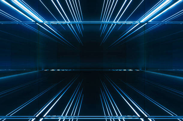 未来光隧道。长宇宙飞船走廊的内部视野.未来科幻小说背景的概念。3D渲染.