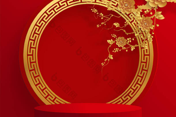 中秋节、中秋节、红剪纸、花卉及亚洲元素，背景为工艺风格.