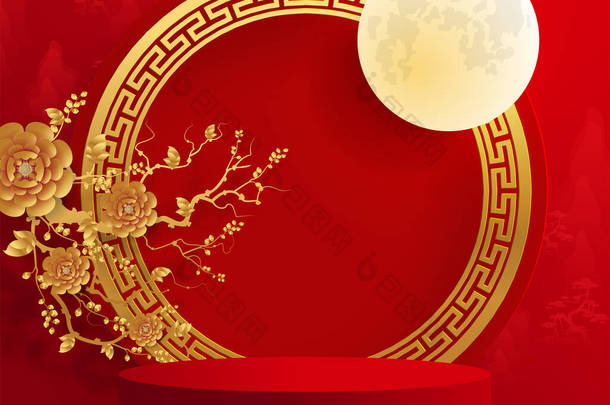 中秋节、中秋节、红剪纸、花卉及亚洲元素，背景为<strong>工艺</strong>风格.