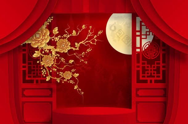 中秋节、中秋节、红剪纸、花卉及亚洲元素，背景为<strong>工艺</strong>风格.