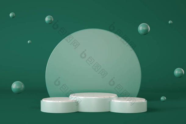 清澈的绿色讲台，背景为圆形，球体飘浮。<strong>产品介绍</strong>。3D渲染