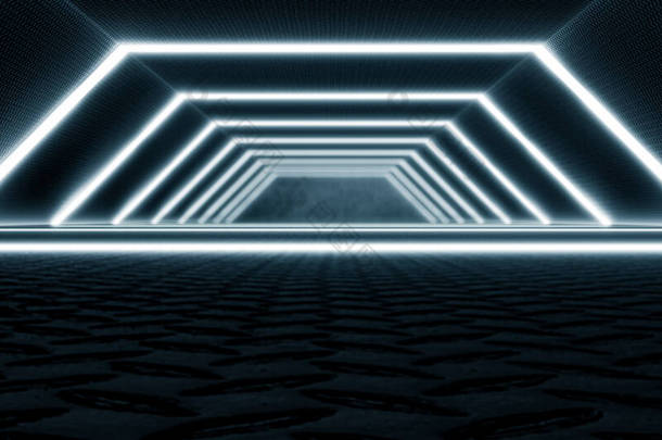 纽蓝光闪烁科幻未来派隧道。未来的宇宙飞船走廊。<strong>金属纹理</strong>和卷曲背景。科幻小说或科学概念。3D渲染
