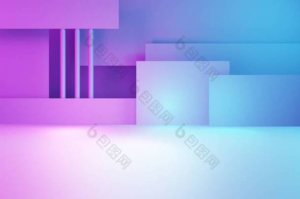紫色和蓝色<strong>抽象几何背景</strong>的3D渲染。网络朋克的概念。广告、科技、展示、横幅、化妆品、时尚、商业等领域的舞台.Sci-Fi Illustration 。产品展示