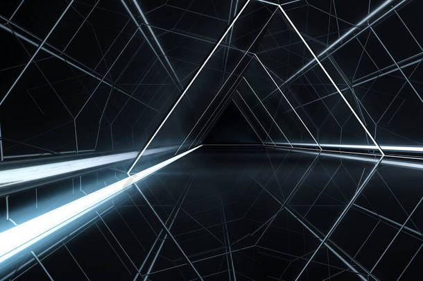 三角宇宙飞船走廊。有光的未来主义隧道未来的内部背景，科幻科学概念。3d渲染