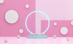 3D渲染。圆形大理石讲台，后面有一个戒指，用于放置商务物品。有一个可爱的粉色背景和大理石球在地面。产品、销售、横幅、展示、化妆品、服务的舞台模拟展示.