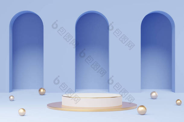空白的白色圆柱形讲台，金色<strong>边框</strong>，蓝色拱形背景的球。摘要最小工作室3D几何<strong>形状</strong>对象.展示产品设计的模拟空间.3d渲染.