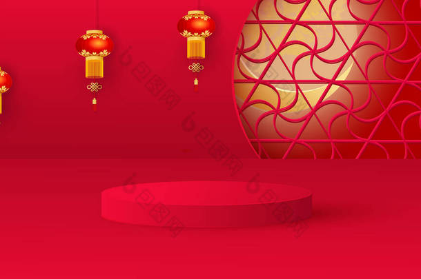 一个带有红色圆柱形讲台和中国灯笼的简约舞台。产品展示的舞台，展示。B.病媒