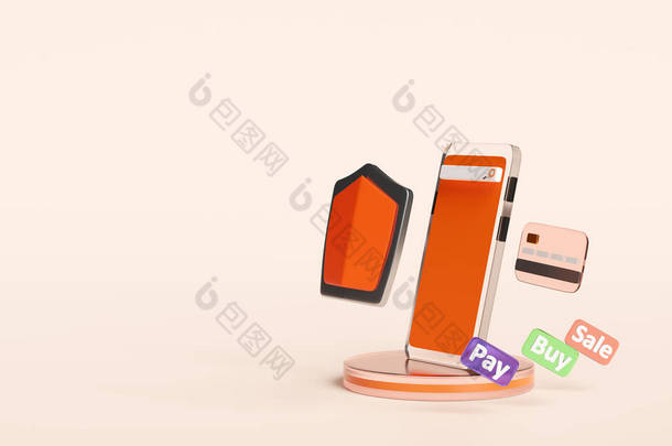 橙色<strong>手机</strong>或智能<strong>手机</strong>，带有屏蔽，空白搜索栏，在粉色背景上放大隔离。网络安全或隐私保护或软件保护概念，3D<strong>插图</strong>或3D渲染