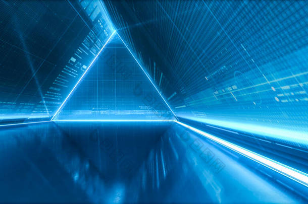 未来的宇宙飞船走廊。摘要<strong>现代背景</strong>。有光的三角形隧道。科幻走廊的概念。3d渲染.