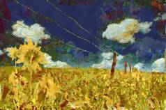 绘画。田野里的黄色向日葵