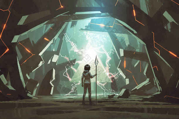 长矛的孩子站在一个满是未来派石块的洞穴里，数码<strong>艺术风格</strong>，插图绘画