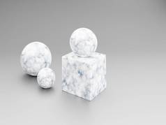 具有大理石纹理的立方体和球体的三维装饰图形。大理石石。摘要3D示例。3d渲染.